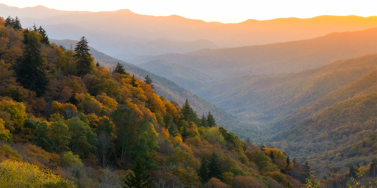 Sunrise over the Appalachian Mountains and Autumn Foliage. Smoky Mountains National Park, Tennessee.