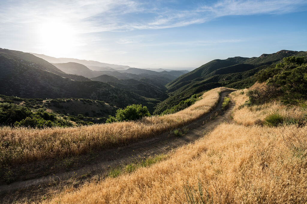 Santa Susana Mountains canyon view from fire road in Rocky Peak nature park near Los Angeles and Simi Valley in scenic Southern California.